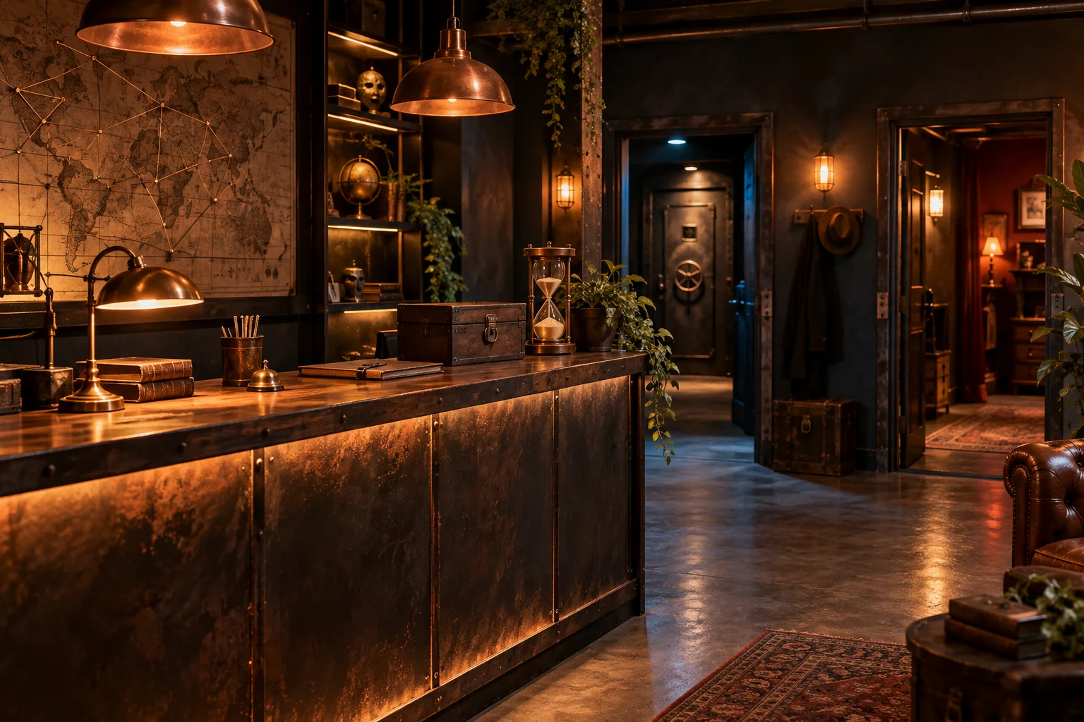 Ontvangstruimte van een escape-room centrum Ontvangstruimte van een escape-room centrum